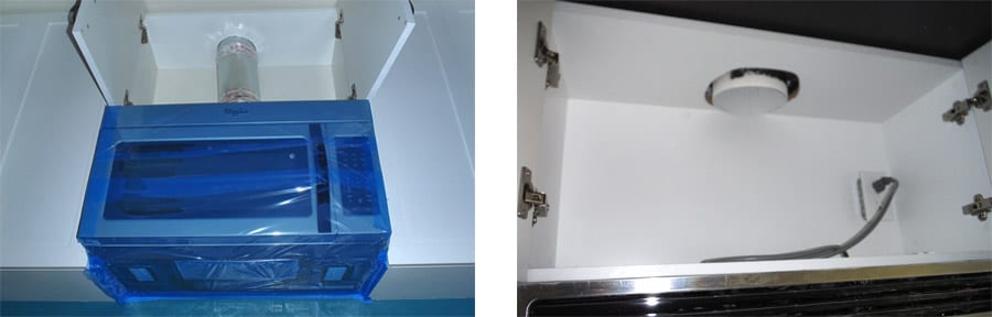 Left: a microwave installed and completely sealed off during an air barrier test; right: a disconnected duct that will be connected to a microwave